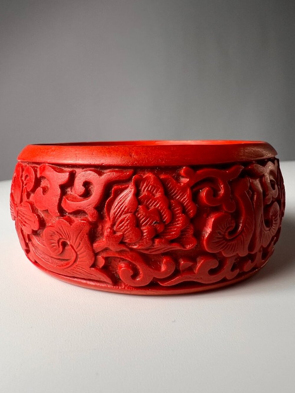 Vintage Red Cinnabar Style Carved Bangle Bracelet | Asian Floral Lacquer Boho